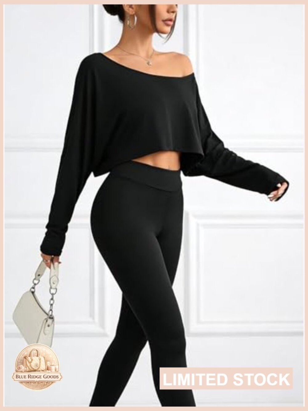 Womens Boat Neck Crop Top Long Sleeve Oversized Tee Loose Fit Sexy Off Shoulder - Picture 6 of 6